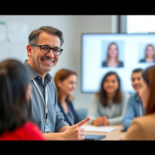 Docente sorridente che interagisce con studenti virtuali tramite schermo.