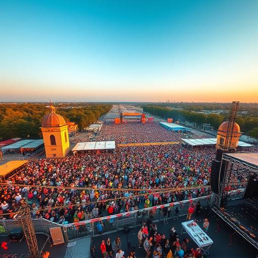 Immagine aerea di un evento musicale all'aperto con una folla vibrante.