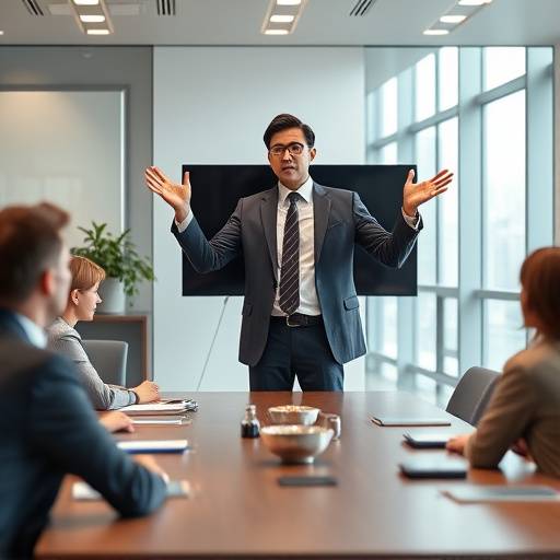 Immagine di un professionista che tiene una presentazione di successo in una sala conferenze moderna.