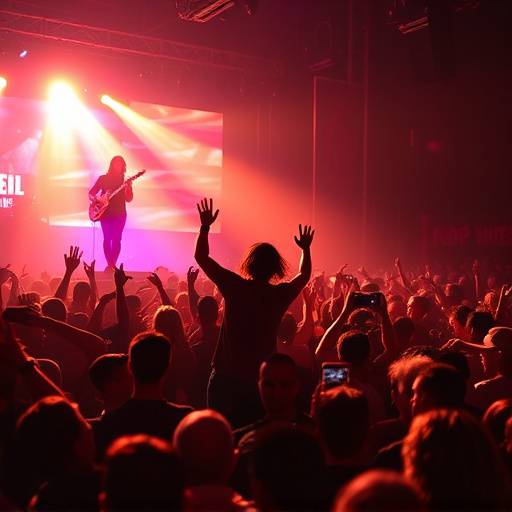 Momenti salienti di un concerto musicale, con pubblico entusiasta e performance dinamiche sul palco.