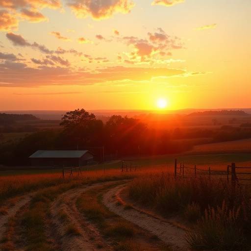 Paesaggio rurale al tramonto, con colori caldi e atmosfera nostalgica.