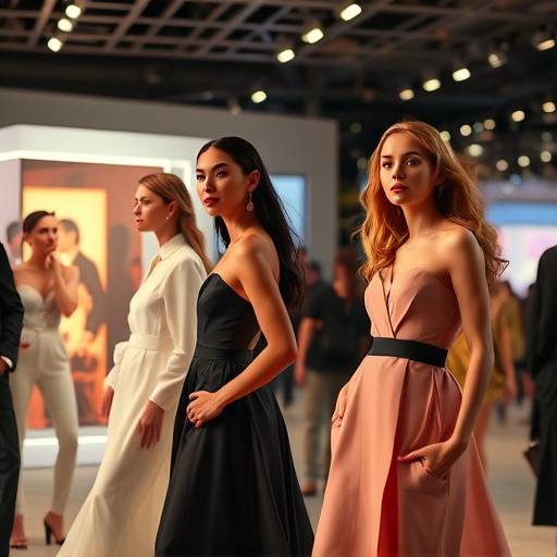 Scena da uno spot pubblicitario per un marchio di moda, con modelli eleganti e illuminazione cinematografica.