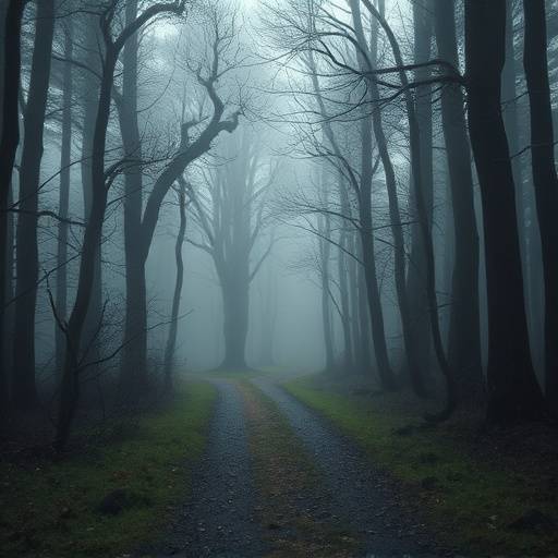 Scena di un cortometraggio che mostra un vecchio sentiero immerso nella nebbia.