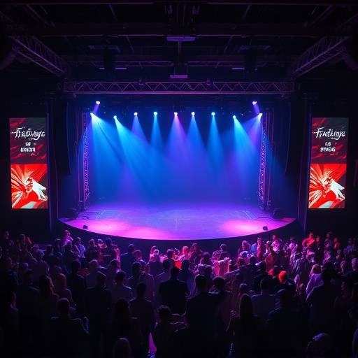 Vista aerea di un palco illuminato con una folla danzante in primo piano.